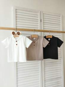 SHEIN Vintaside Kids 3pcs Baby Boy Solid Color Simple Short Sleeve T-Shirts, Black, White, Charcoal Gray, Fashion & Versatile, Suitable For Outdoor, Casual, Workout, Party And More Occasions Baby Clothes Unisex Unisex Baby Clothes