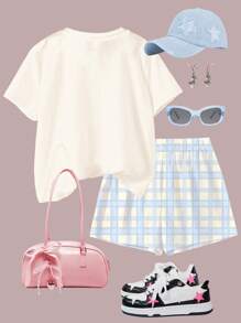 SHEIN 青少年女孩休闲简约短袖短裤套装，适合夏季 - 彩色 - 查看 2