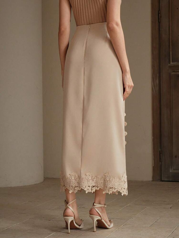 Women's Elegant Apricot Embroidered High Slit Fitted Skirt