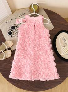 SHEIN Elladie kids Đầm yếm lưới họa tiết hoa nơ cho bé gái, không tay phong cách công chúa, thích hợp mặc hàng ngày hoặc ngày lễ, mùa hè - Hồng - Xem 2