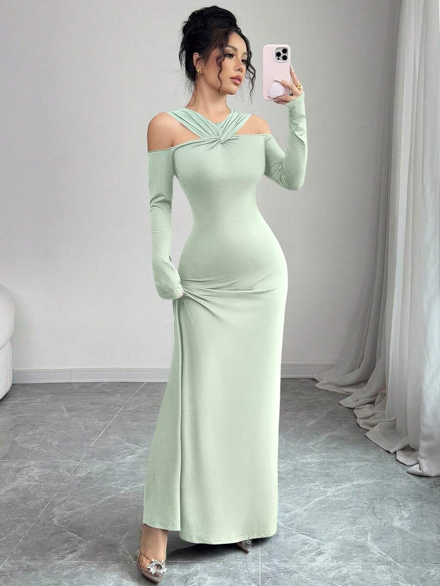 Modelyn 1pc Women Off Shoulder Twist Front Fitted Long Sleeve Dress - Mint Green - View 1