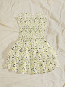 SHEIN Unity 海军蓝度假风荷叶边无袖抹胸性感束腰镂空刺绣荷叶边下摆优雅长裙 - 彩色 - 查看 2