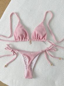 Swim Mod Women's Jacquard Metal Decorated Halter Neck Sexy Pink Bikini Set, For Summer - Pink - View 1