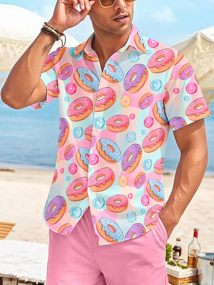 Manfinity RSRT Herren Sommerhemd mit Donut-Muster, kurzärmlig, Knopfleiste, Urlaubshemd mit witzigem Motiv