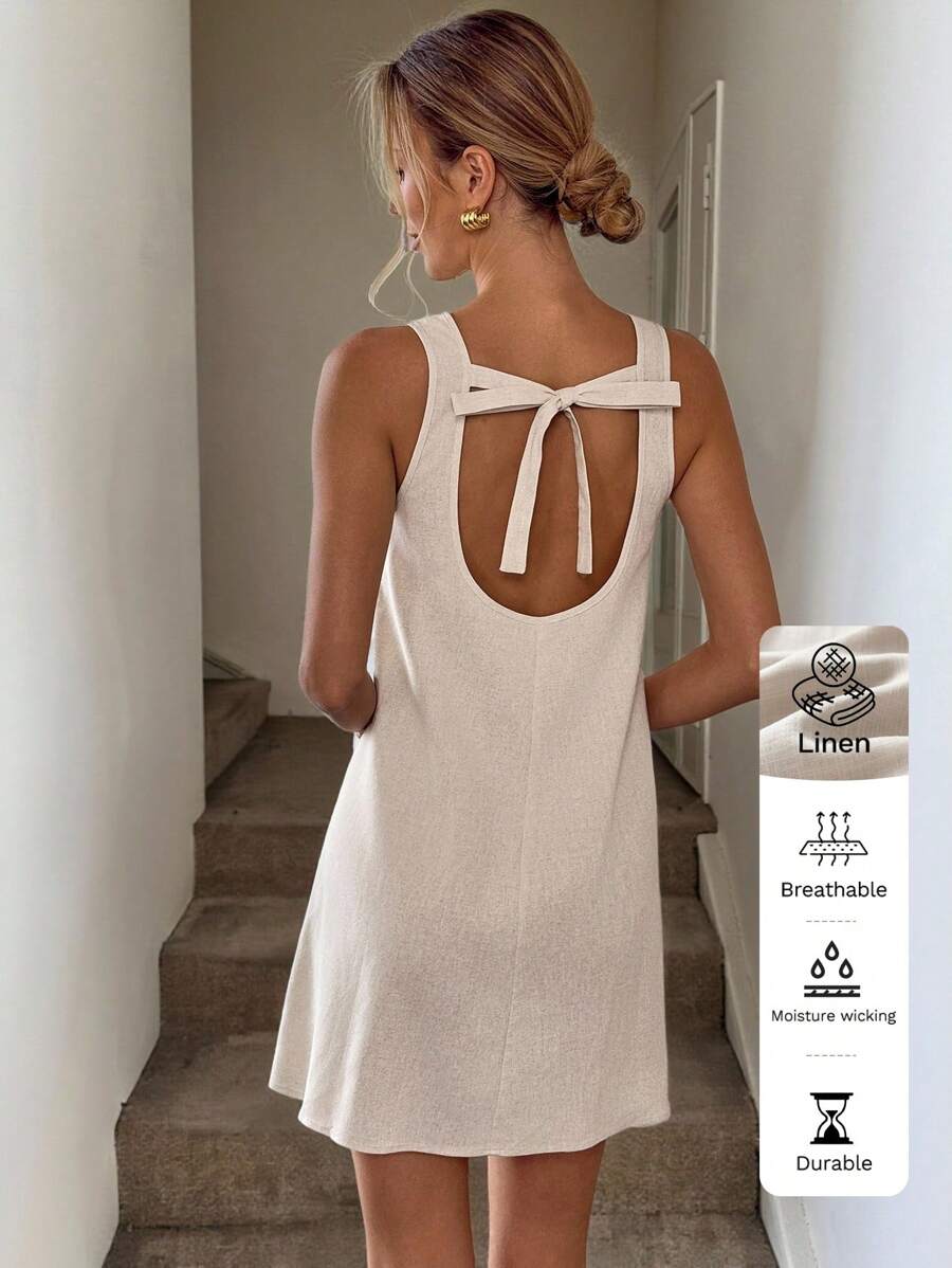 Easowa 女式 A 字形无袖露背蝴蝶结休闲度假优雅迷你连衣裙 - 白色 - 查看 1