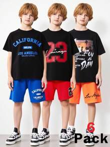 Tween Boy 6-Piece Set Casual, Comfortable, Fashionable, Street Style, T-Shirt And Shorts With A Holiday Coconut Tree Pattern And Letter Pattern. Spring And Summer. - Multicolor - View 3