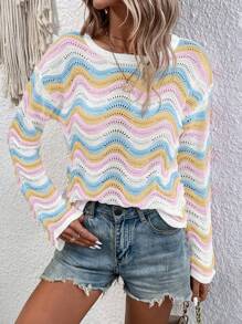 SHEIN LUNE 圆领落肩长袖拼色镂空针织休闲套头毛衣针织套头衫秋冬