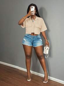 Slaydiva 2025 新款女士休闲街头口袋短袖衬衫领宽松短款白色落肩衬衫女衬衫，春夏，休闲日常穿着，音乐节 - 杏色 - 查看 7