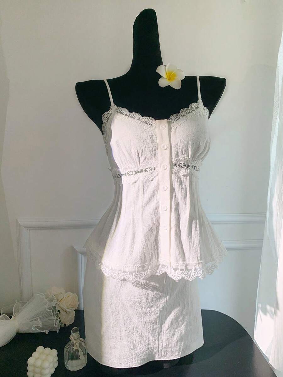 SHEIN EZwear Women Solid Color Lace Splicing Button Design Summer Camisole Top & Mini Skrits Set For Daily Wear,Women Summer Clothes - White - View 1