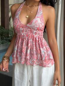 Sunnyshic Women's Summer Vacation Casual Mesh Paisley Print Halter Neck Tie-Back Bow Tank Top