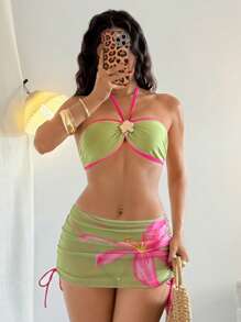 Elenzga 3件套时尚性感比基尼套装带抽绳沙滩裙，夏季 - 綠色 - 查看 1