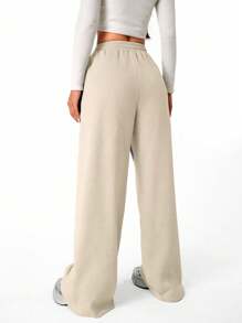 SHEIN 青少年女孩宽松直筒蝴蝶图案运动裤 - 卡其色 - 查看 2