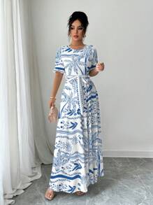 Yasmyna Vestido largo de moda para mujer con estampado de hojas de plantas frescas y flores pequeñas - Multicolor - Ver 3