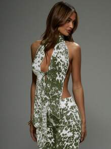 MUSERA Halterneck Cow Print Double Tie Front Draped Sleeveless Top Festival Vacation Cute Sexy Easter Cowgirl Ibiza Western Rave Going Out Tops Club Fall Party Spring Summer - Green - View 2