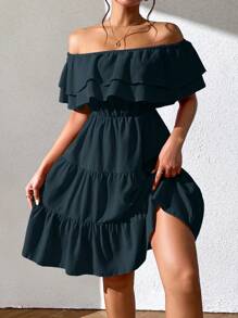 Chiquease 女式度假纯色露肩荷叶边下摆时尚连衣裙