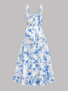 SHEIN LUNE 加大码女式花卉印花荷叶边下摆细肩带可调节胸围A字长裙女装 - 藍白色 - 查看 2