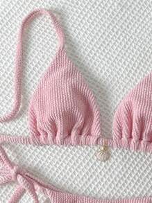 Swim Mod Women's Jacquard Metal Decorated Halter Neck Sexy Pink Bikini Set, For Summer - Pink - View 4