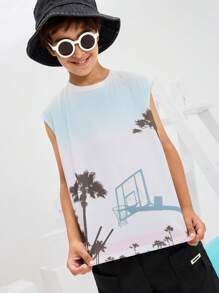 SHEIN 青少年男童简约休闲舒适圆领无袖上衣，百搭 - 白色 - 查看 5