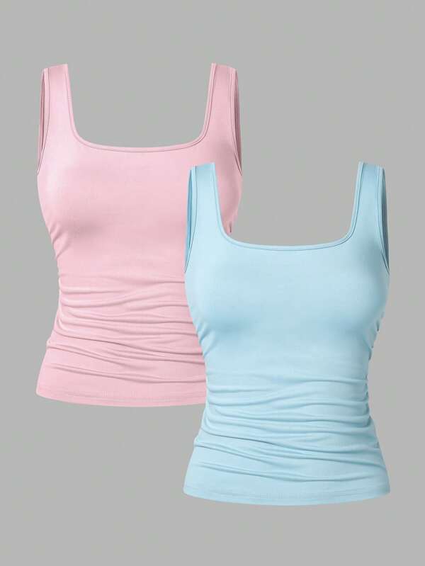 2 Stücke/Set einfaches lässiges Klassisches ärmeloses Crop Top & Trägerhemd für Teenager Mädchen, einfarbiger sommerlicher Rundhals plissierter figurbetonter Westen Bluse, Schwarz & Weiß