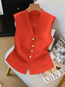 SHEIN Clasi Áo cánh hở trước không tay thanh lịch cho nữ - trái cam - Xem 3