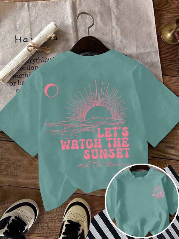 Women's Geometric Pattern T-Shirt With Sunset Print, Women's Casual Round Neck Short Sleeve Sports Tee, Spring/Summer