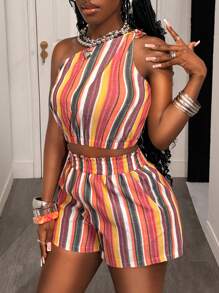 Slaydiva 2025新款夏季休闲街头Y2K甜美辣妹日常约会复古街头挂脖吊带侧PU丝带镂空吊带荷叶边下摆巴洛克印花玫红色迷你裙修身短裙针织女士迷你连衣裙-A