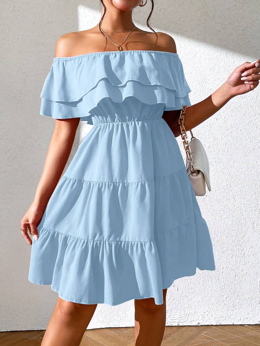 Chiquease Solid Color Ruffled Trim Off-Shoulder Elegant Dress - Blue - View 1