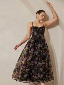 Aveloria Rosie 多色玫瑰花卉印花欧根纱腰部 A 字形吊带裙，优雅浪漫大码女式派对礼服 - 彩色 - 查看 6