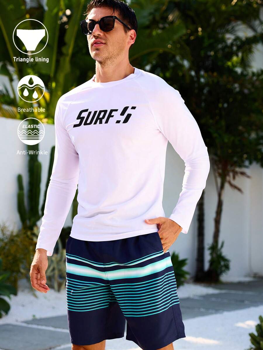 Surfspeed 男式两件套字母印花长袖上衣和全身印花口袋短裤冲浪服，夏威夷风 - 彩色 - 查看 1