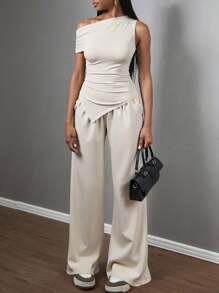SHEIN 2 pezzi Set di maglietta a spalla obliqua con arricciature elastiche e pantaloni larghi in maglia color albicocca, abbigliamento per ragazze adolescenti