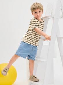 SHEIN 2pcs/Set Young Boy Casual Striped Round Neck Short Sleeve T-Shirt And Denim Shorts