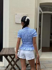 Siren Gaze Ruffle Collar Pleated Blouse Top, Blue/White Stripe Blue Striped Top Blue And White Top Blue Summer Top Striped Blouse Summer Blouse Casual - Blue and White - View 2