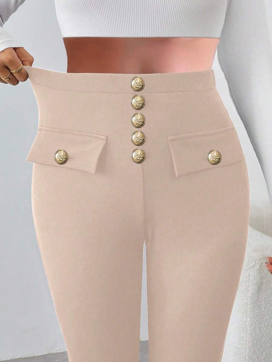 SHEIN Unity Women's Casual High-Waisted Solid Color Slim Fit Pants - Apricot - View 1