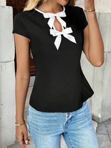 Chiquease Women's New Summer Top, Black Round Neck Hollow Bow Contrast Color Casual Blouse / Teacher's Day Shirt / Daily Versatile Commute / Travel