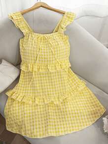 INAWLY 女式格子荷叶边下摆 A 字形连衣裙 - 黃色 - 查看 3