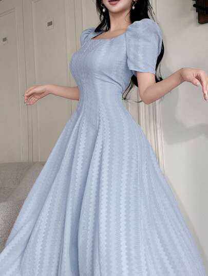 Feyla Women's Solid Color Square Neck Balloon Sleeve Waist Cinched Elegant Dress, Summer Fashion