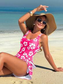 Swim Lushoire 1 bộ đồ bơi một mảnh in họa tiết bãi biển dành cho nữ - Màu Hồng Tươi - Xem 4