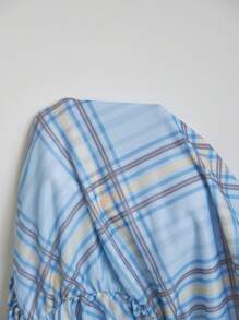 Elamini 蓝色格纹甜美浪漫沙滩度假露肩褶饰腰部荷叶边下摆连衣裙欧美风春夏 - 藍色 - 查看 4