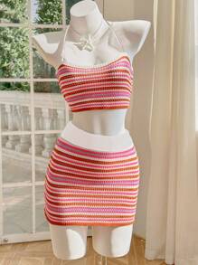 Skyraze Conjunto Retrô de Top Alça de Pescoço Colorida com Listras para Mulheres