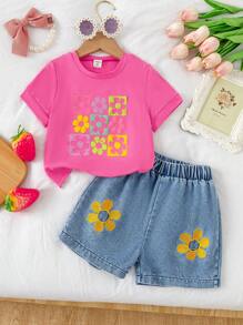 Conjunto de 2 piezas para niñas: Camiseta de manga corta con gráfico floral y shorts de mezclilla bordados
