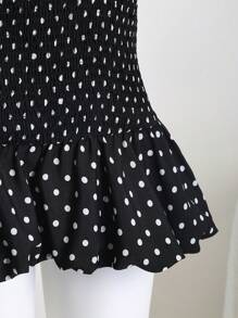 Elamini Polka Dot High Neck Waist Back Cut-Out Tie-Up Hem Contrast Ruffle Mini Dress, Elegant & Romantic For Beach, Daily Outing, Date