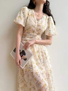 Modelyn Women's V-Neck Ruched Puff Sleeve Mid-Length Casual Allover Print Dress - Light Yellow - View 6