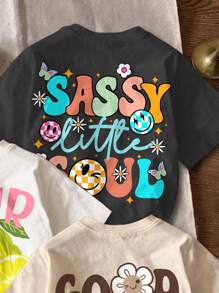 SHEIN 3 件年轻女孩休闲简约度假水果、柠檬、花朵、脸、字母印花圆领短袖基本款 T 恤，适合春夏季、学校、校园、学院、返校服装