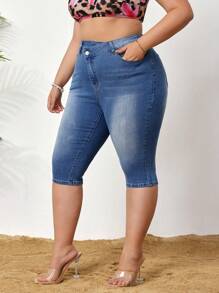 SHEIN CURVE+ Jeans de denim lavado con talle asimétrico para mujer talla grande - Azul lavado medio - Ver 5