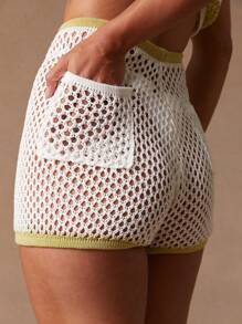 NYA SZN Striped Pointelle Knit Shorts, Poolside Swim Cover Up Beach Summer Poolside Beach Classy Chic Pastel - White - View 6