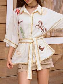 Easelle 女式休闲梭织马匹印花落肩衬衫，夏季 - 白色 - 查看 6