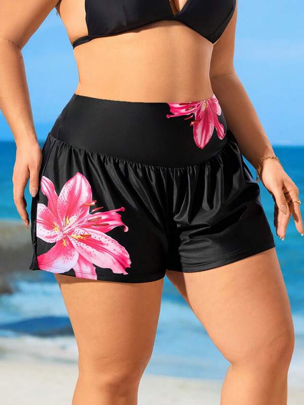 Swim SPRTY Plus Size Women Lily Print Shirred High Waist Bikini Bottom Swim Bottoms For Summer Beach Vacation