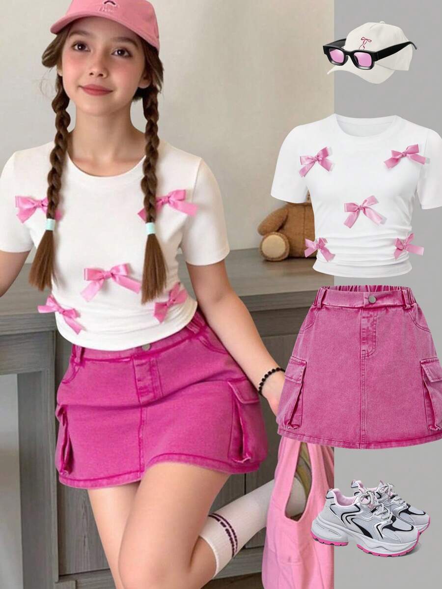 SHEIN 2件套女童可爱蝴蝶装饰T恤和粉色牛仔裙休闲套装 - 白色 - 查看 1