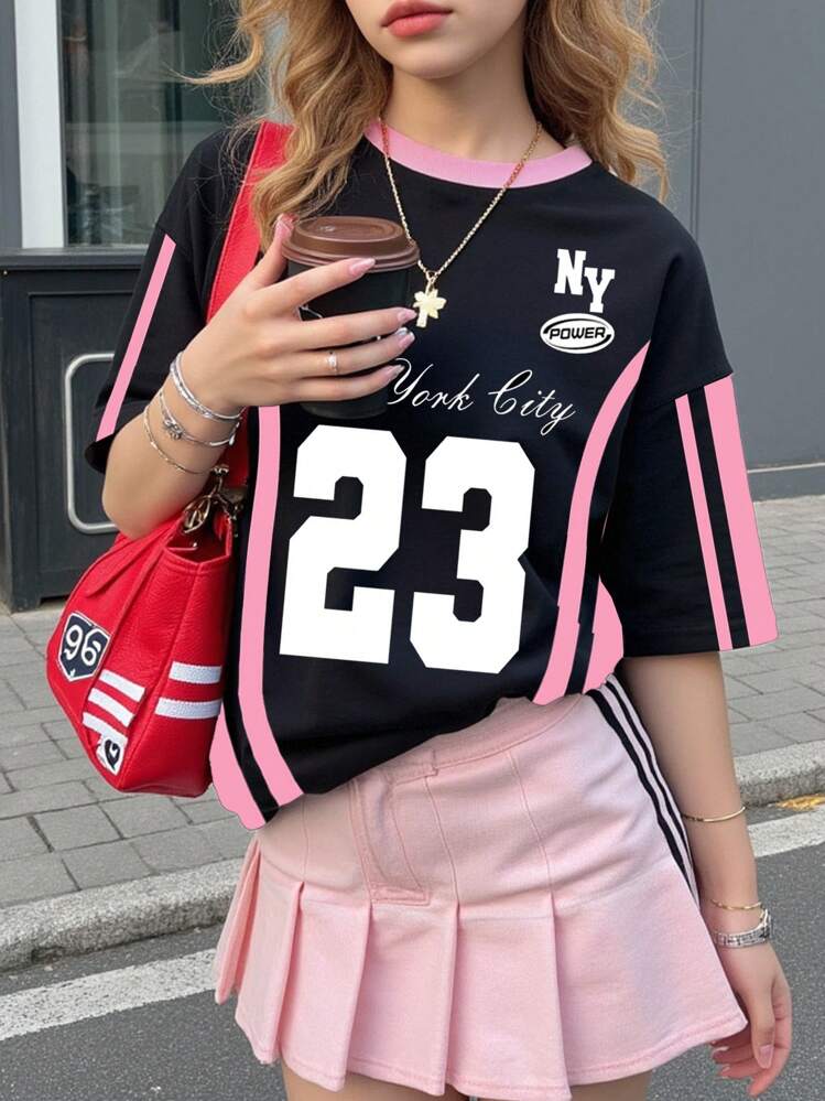 SHEIN Leap Crew 可爱字母和数字 23 粉色条纹针织图案少女休闲简约圆领短袖 T 恤，适合夏季 - 彩色 - 查看 1
