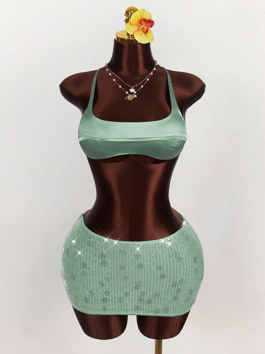 Amplova 2 Teile Set mit Satin Gros-de-Tours Besatz Cropped Top und ultraniedrig geschnittener Mini-Rock - Grün - Übersicht 1